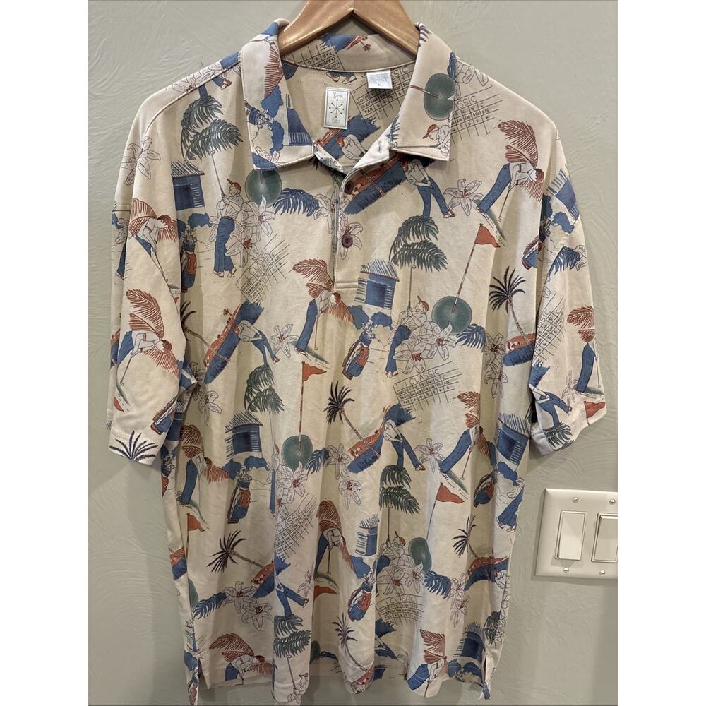 Burma Bibas Men's Vintage Polo Golf Motif Short Sleeve Beige Multicolor‎ Shirt